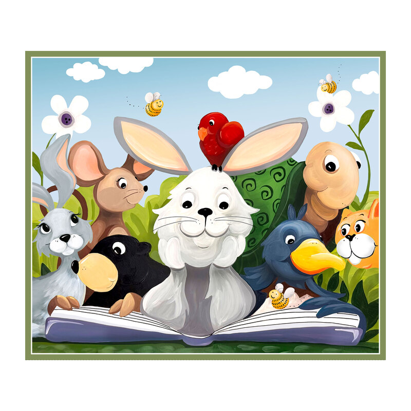 Playmat panel of rabbits, a mouse, mole, cat, turtle, and a duck reading a book in a grassy, floral landscape.