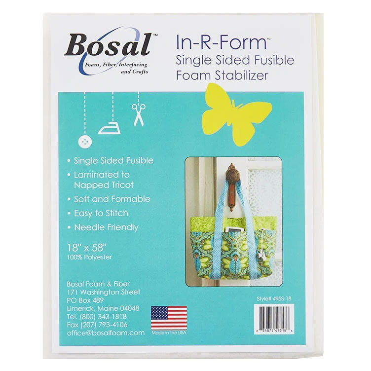 Front of the Bosal In-R-Form Single Sided Fusible Foam Stabilizer, in it's teal packaging, with a yellow butterfly and an image of a green and blue quilted tote.