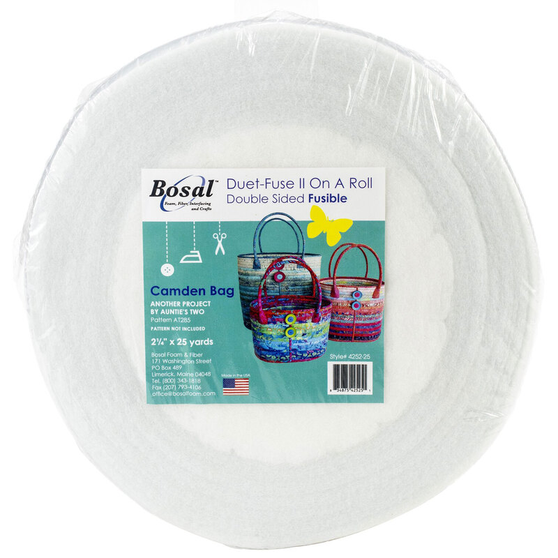 White roll of fabric fusible interfacing, labeled Bosal Duet-Fuse II On-A-Roll, Double-Sided Fusible.