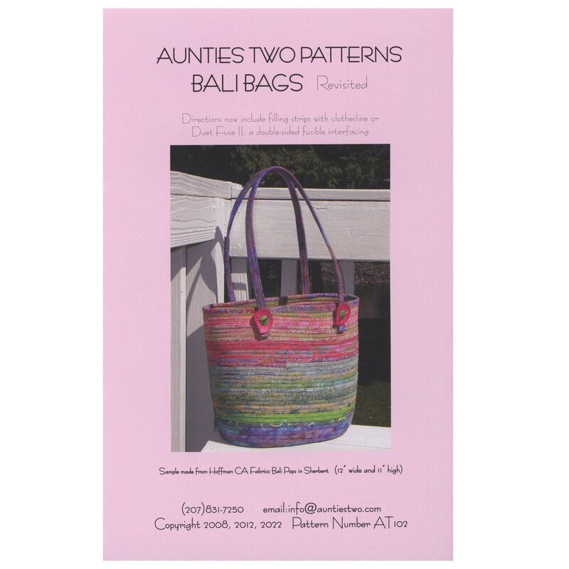 Front Cover of Bali Bags Revisited by Aunties Two featuring the finished bag displayed.