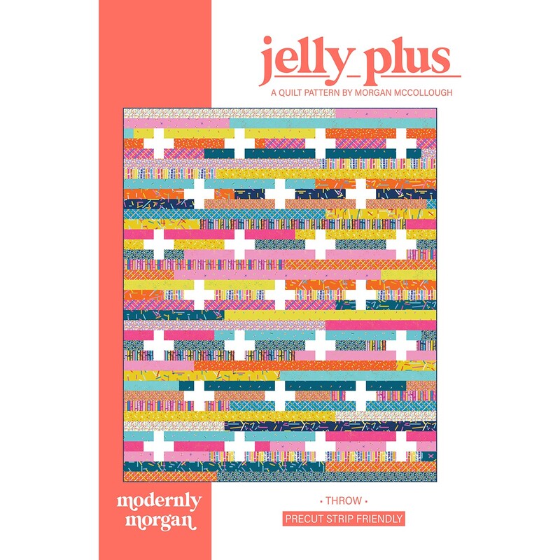 Front of the pattern featuring a quilt with rows of plus signs, set across a white background with the title and designer.. 