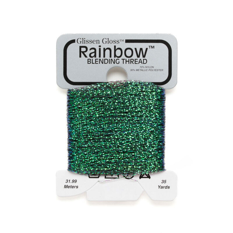 Iridescent kelly green Glissen Gloss Rainbow blending thread spool on white background.