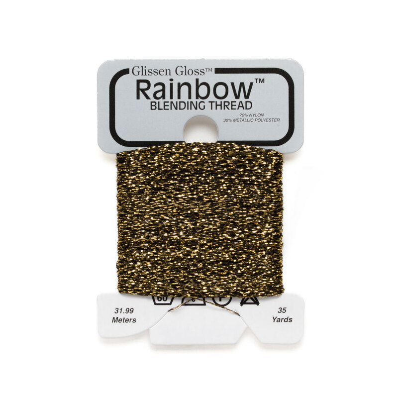 Iridescent black and gold Glissen Gloss Rainbow blending thread spool on white background.