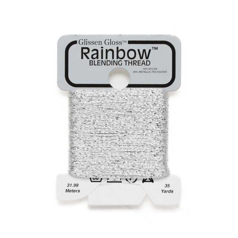 Iridescent silver Glissen Gloss Rainbow blending thread spool on white background.