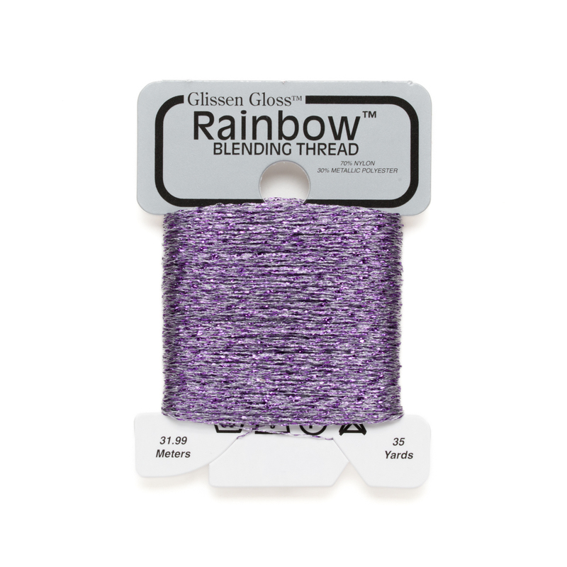 Iridescent grayish purple Glissen Gloss Rainbow blending thread spool on white background.