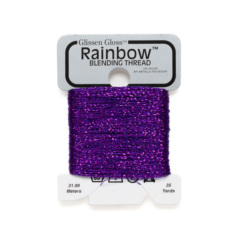 Iridescent violet purple Glissen Gloss Rainbow blending thread spool on white background.