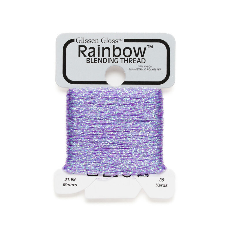 Iridescent wisteria purple Glissen Gloss Rainbow blending thread spool on white background.