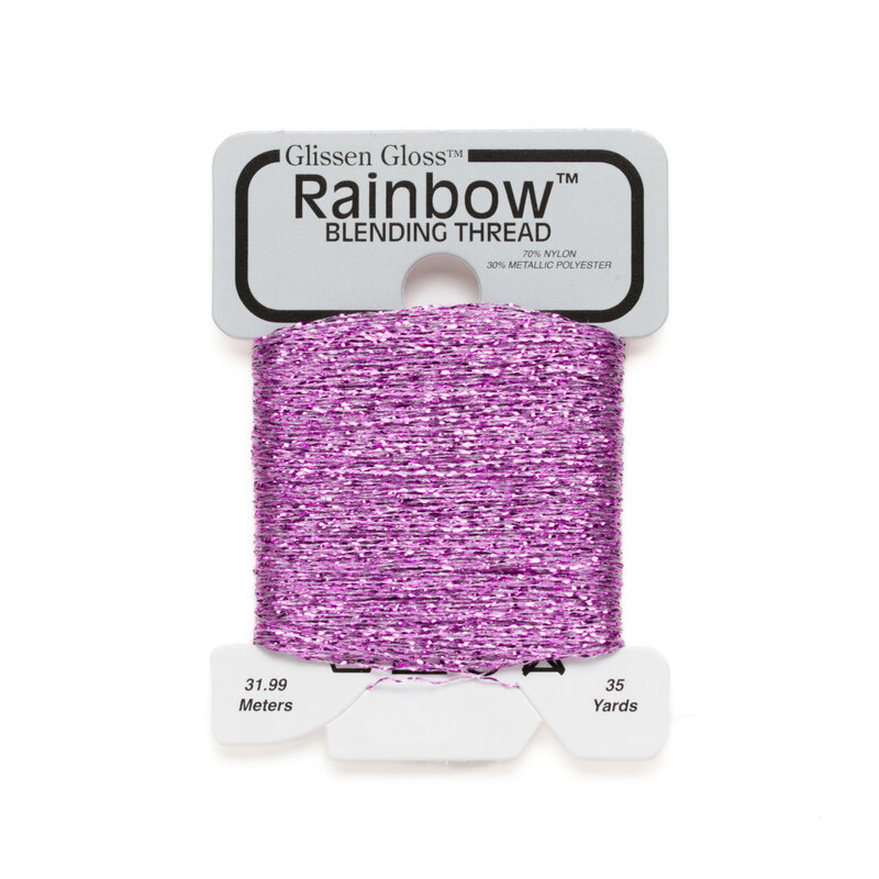 Iridescent bright light purple Glissen Gloss Rainbow blending thread spool on white background.