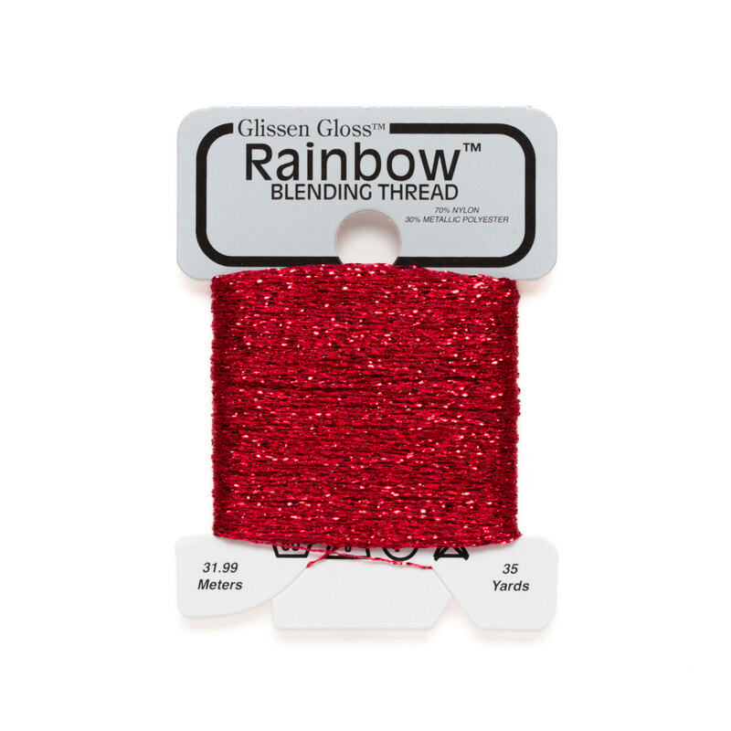 Iridescent ruby red Glissen Gloss Rainbow blending thread spool on white background.
