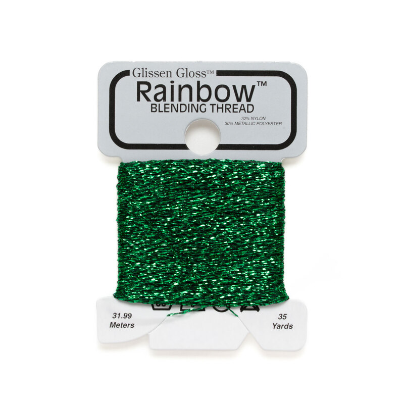 Iridescent emerald green Glissen Gloss Rainbow blending thread spool on white background.