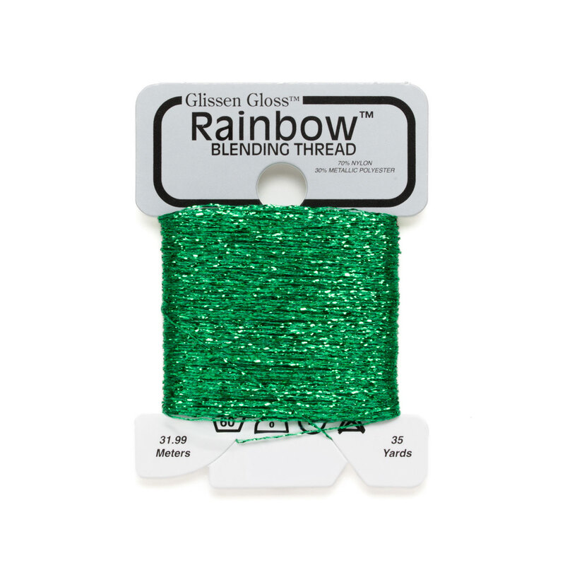 Iridescent kelly green Glissen Gloss Rainbow blending thread spool on white background.