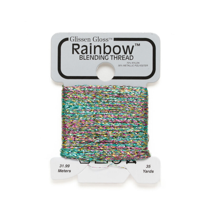 Iridescent yellow, pink, and aqua Glissen Gloss Rainbow blending thread spool on white background.