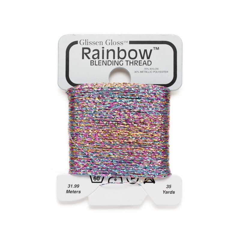 Iridescent multi white Glissen Gloss Rainbow blending thread spool on white background.
