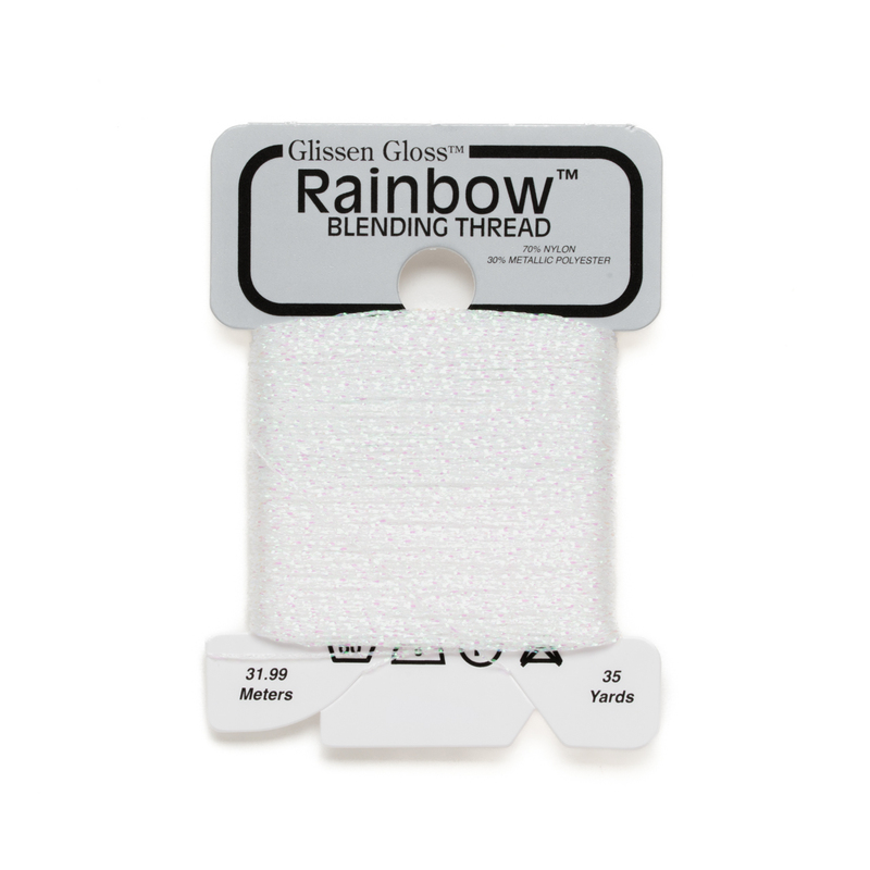 Iridescent white Glissen Gloss Rainbow blending thread spool on white background.
