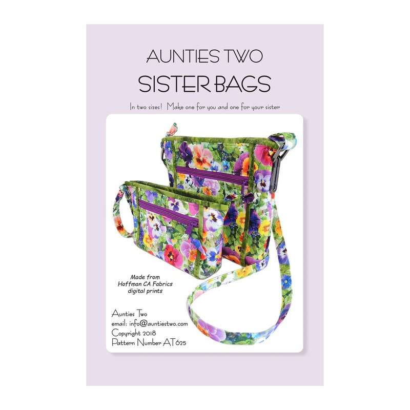 Front of the sister bags pattern by Aunties Two featuring the finished project.