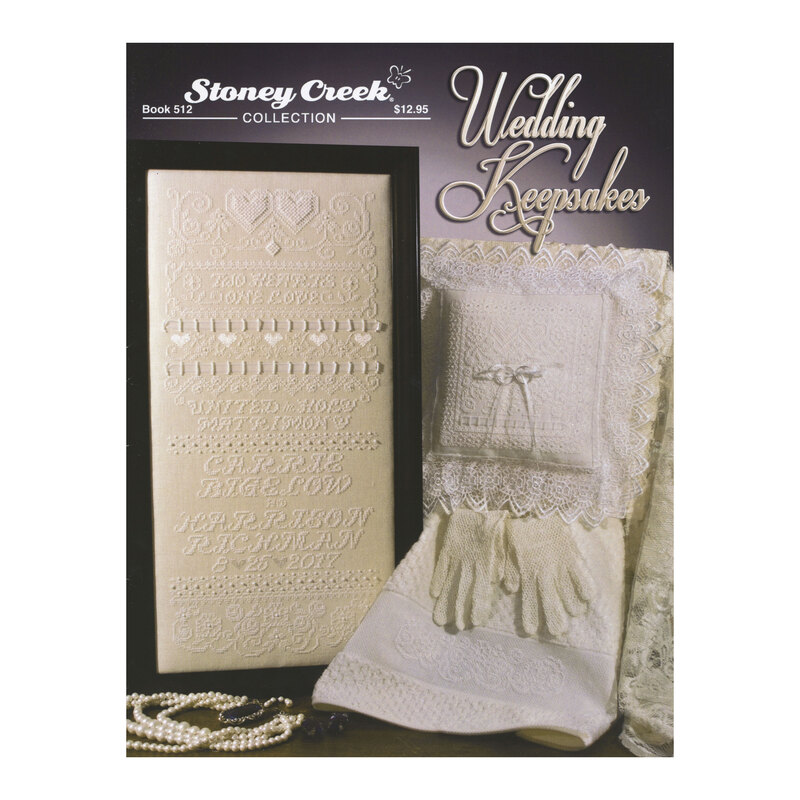 Front cover of the Wedding Keepsakes booklet showing the finished Wedding Sampler and the Ring Bearer's Pillow next to each other around smaller wedding motifs.