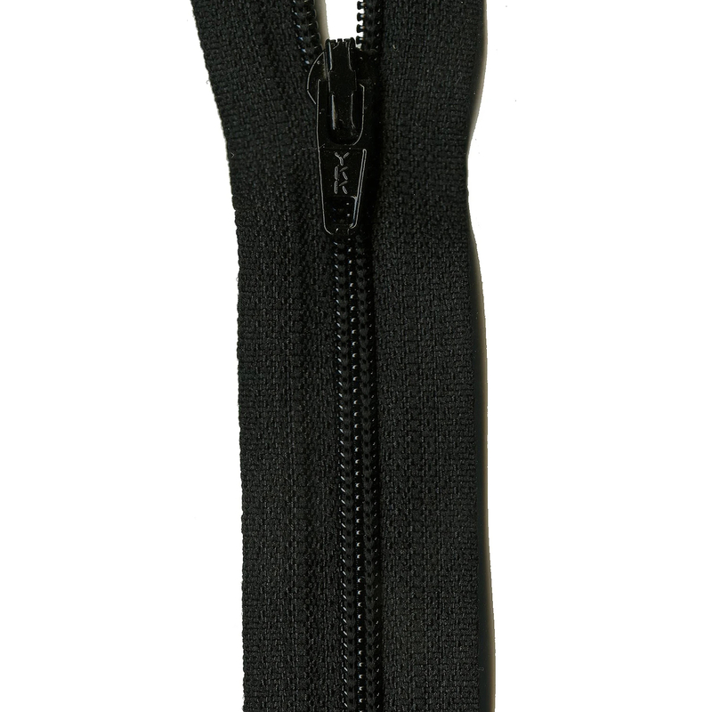 Close-up of a black colored zipper with a metal pull tab against a white background.