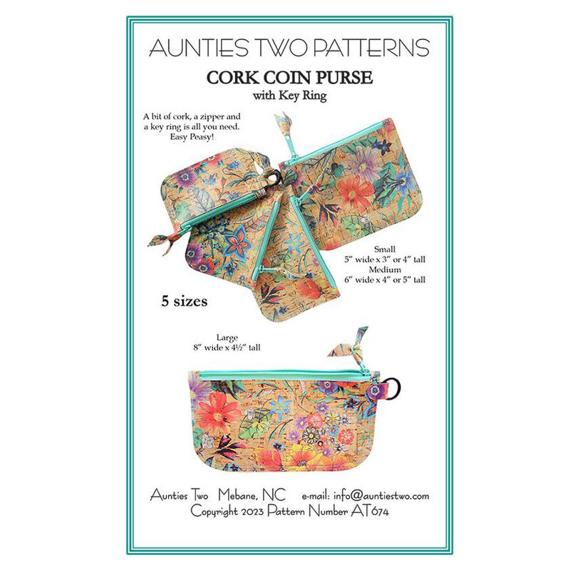 front cover of the Cork Coin Purse with Key Ring pattern featuring 5 different size versions of the coin purse.