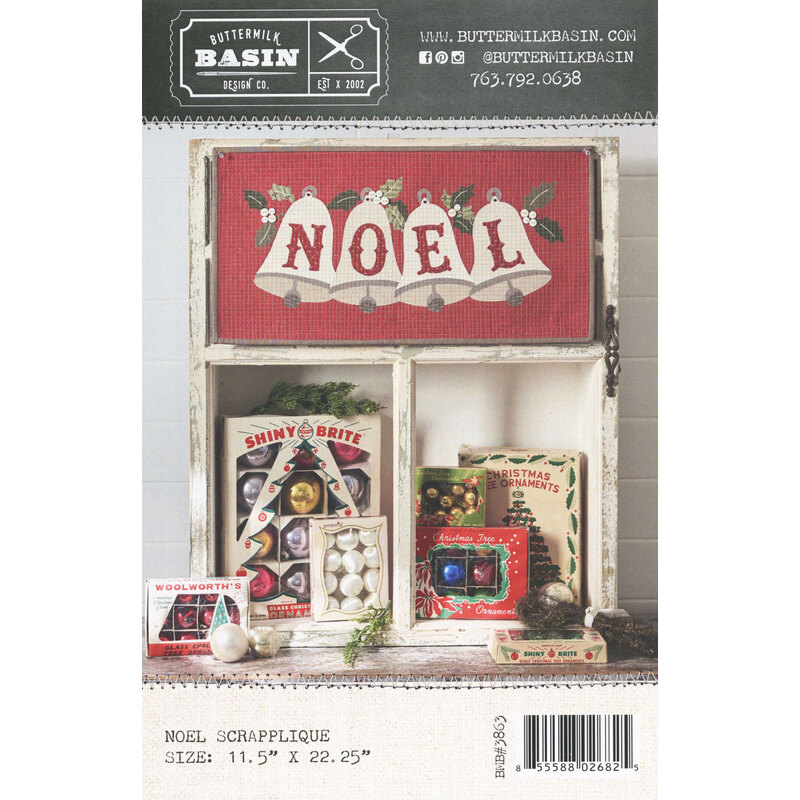 Vintage Christmas pattern featuring “NOEL” sign and holiday gift boxes.