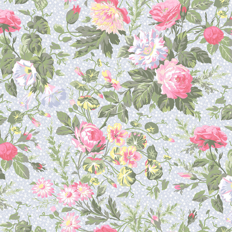 Pink, yellow, and blue floral blooms with greenery scattered across a pale blue background accented with white florals and vines