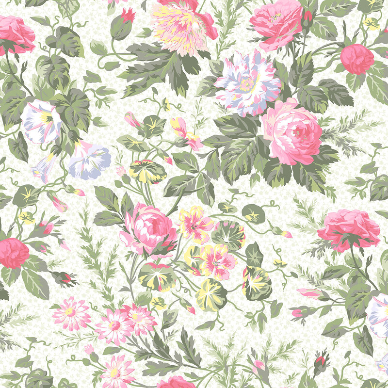 Pink, yellow, and blue floral blooms with greenery scattered across a white background accented with pale green florals and vines