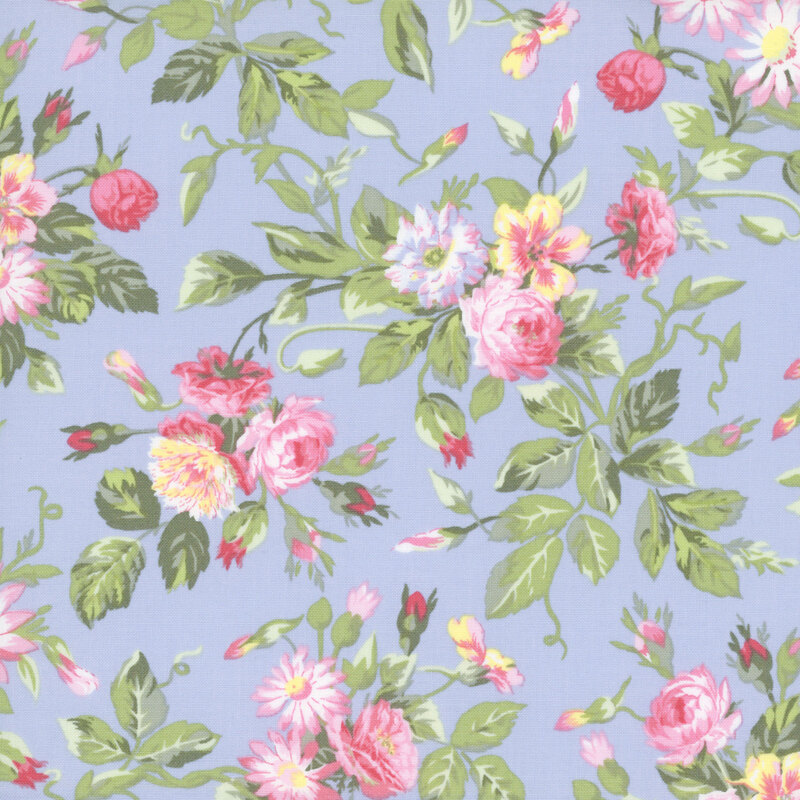 pink, yellow, and white floral blooms with green leaves scattered across a periwinkle background.