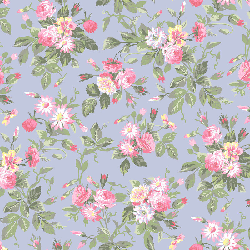 pink, yellow, and white floral blooms with green leaves scattered across a periwinkle background.