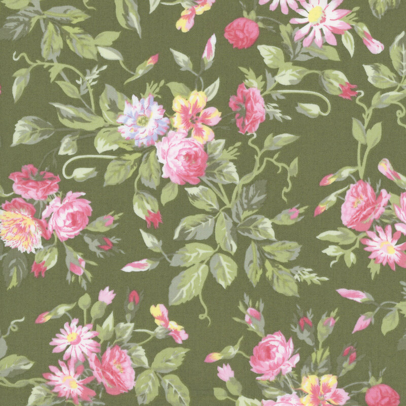 pink, yellow, and white floral blooms with green leaves scattered across a dark sage background.