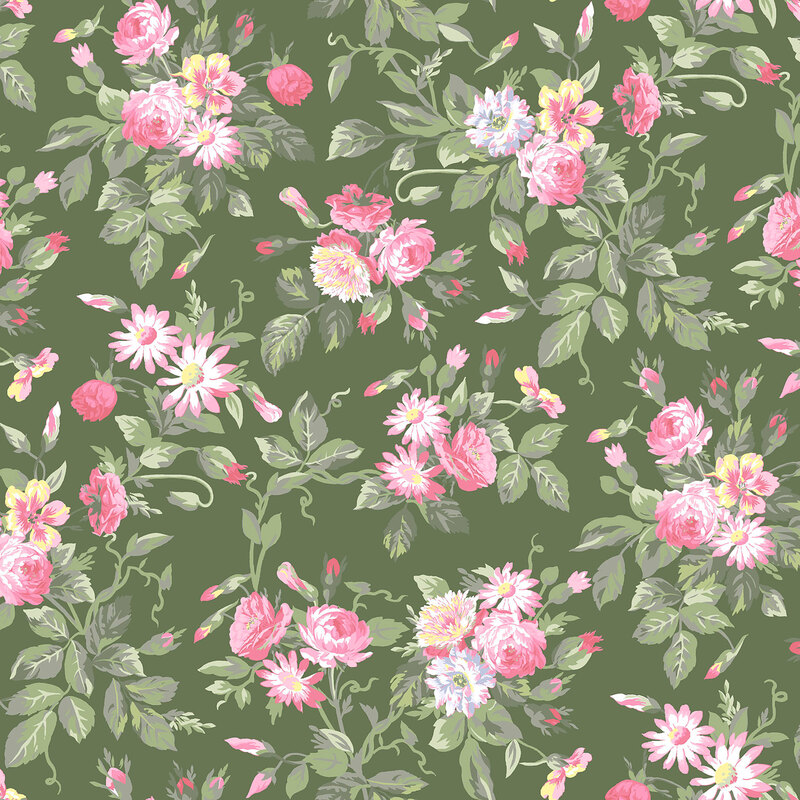 pink, yellow, and white floral blooms with green leaves scattered across a dark sage background.