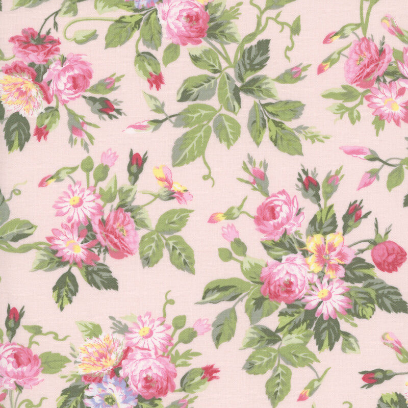 pink, yellow, and white floral blooms with green leaves scattered across a pale pink background.