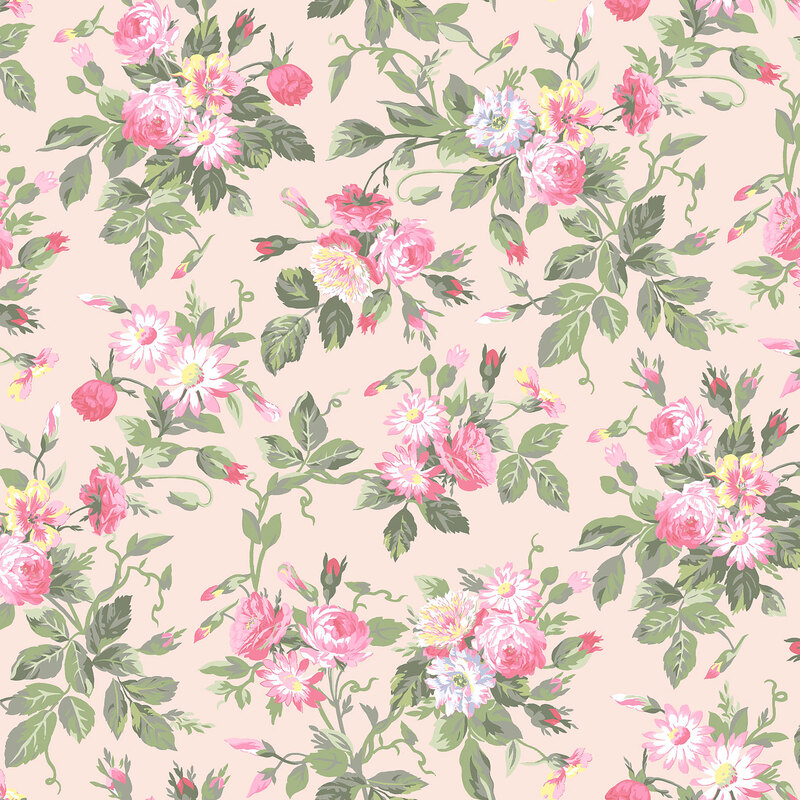 pink, yellow, and white floral blooms with green leaves scattered across a pale pink background.