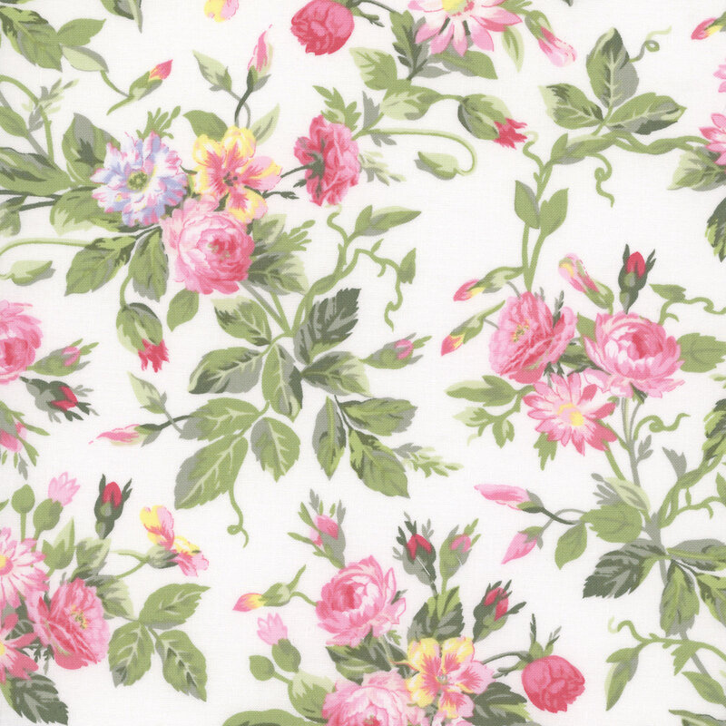 pink, yellow, and white floral blooms with green leaves scattered across a white background.