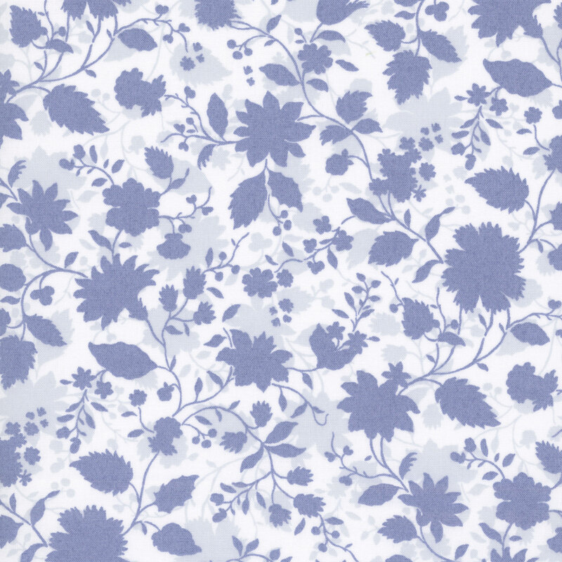 layered silhouette of blooming flowers, leafy vines, and delicate berries in soft shades of pale blue and periwinkle on a crisp white background