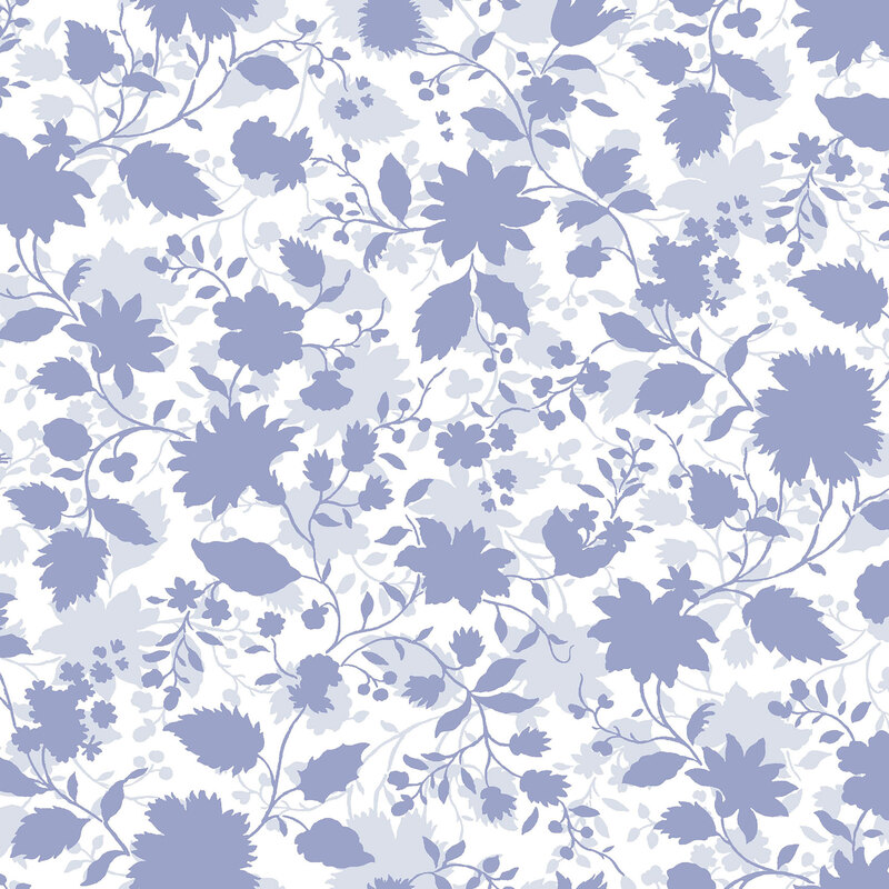 layered silhouette of blooming flowers, leafy vines, and delicate berries in soft shades of pale blue and periwinkle on a crisp white background
