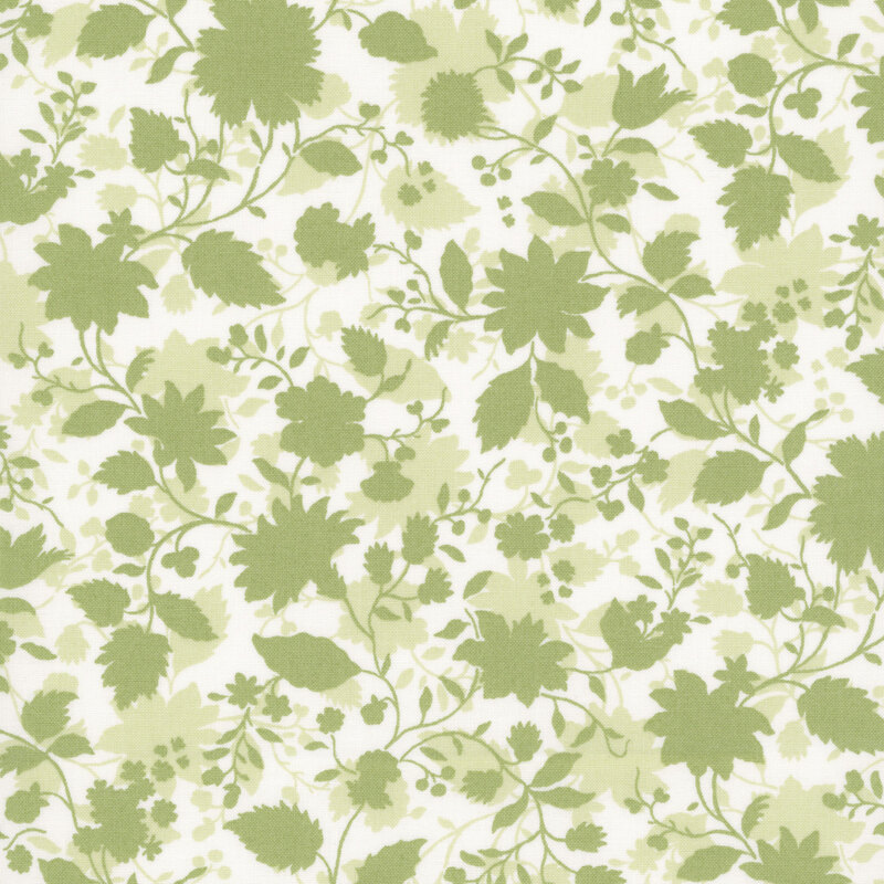 layered silhouette of blooming flowers, leafy vines, and delicate berries in soft shades of warm sage on a crisp white background