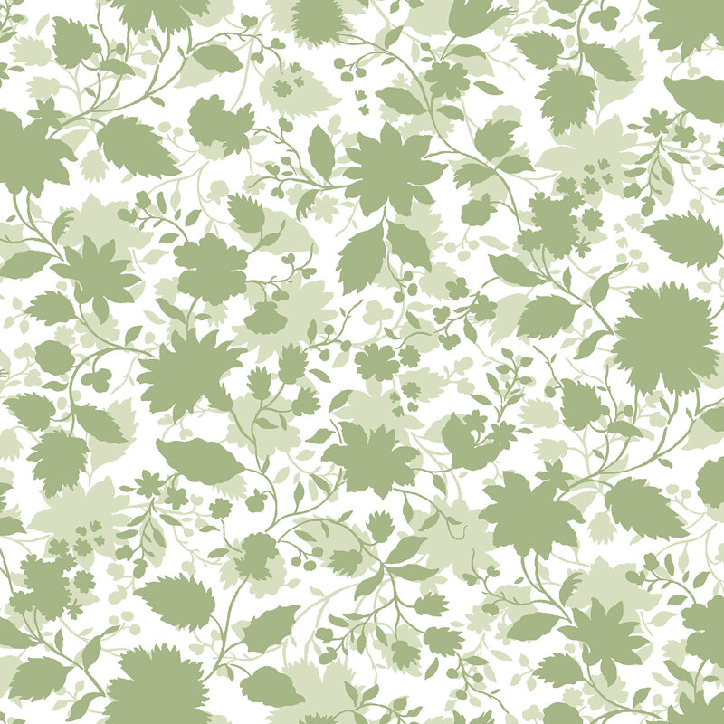 layered silhouette of blooming flowers, leafy vines, and delicate berries in soft shades of warm sage on a crisp white background