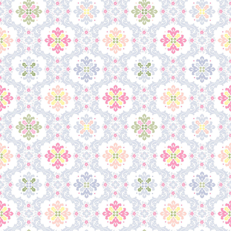ornate floral medallion print in shades of pink, peach, yellow, green, and periwinkle on a white background.