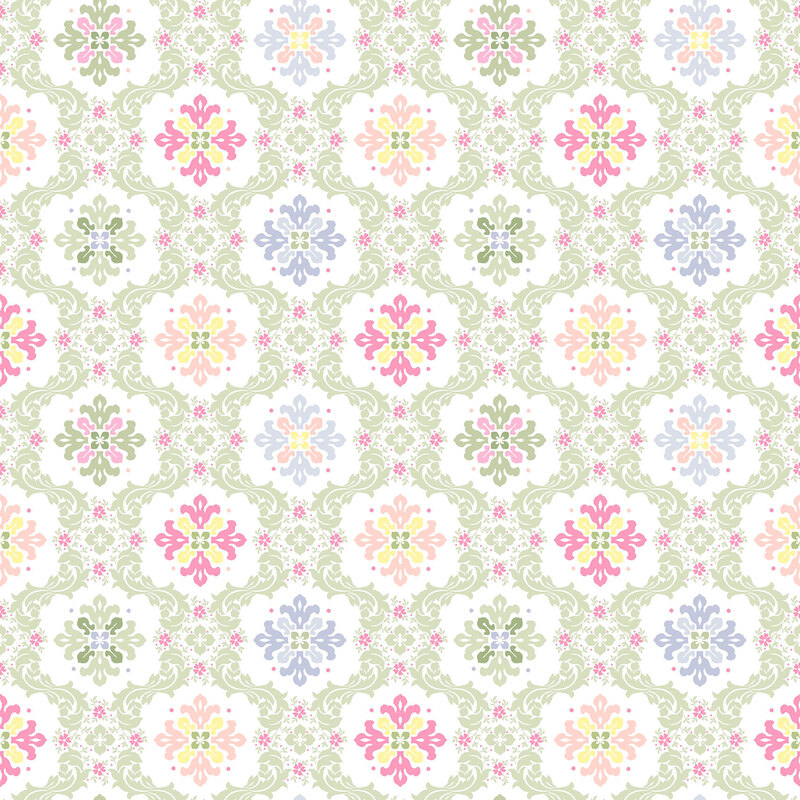 ornate floral medallion print in shades of pink, peach, yellow, periwinkle, and sage on a white background.