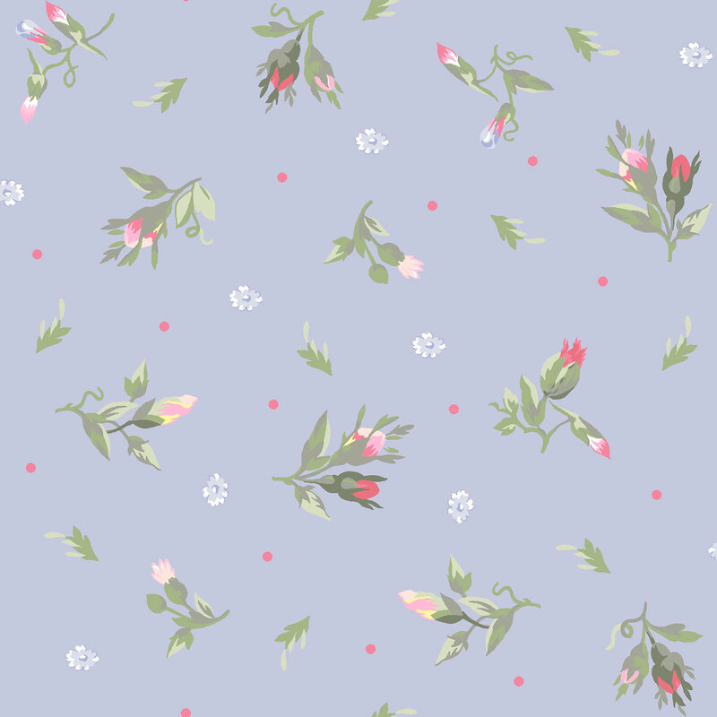 floral sprigs, blue and white blooms, and pink polka dots scattered on a periwinkle background.