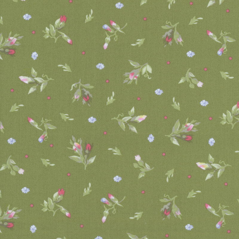 floral sprigs, blue and white blooms, and pink polka dots scattered on a dark sage background.