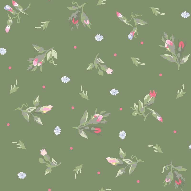 floral sprigs, blue and white blooms, and pink polka dots scattered on a dark sage background.