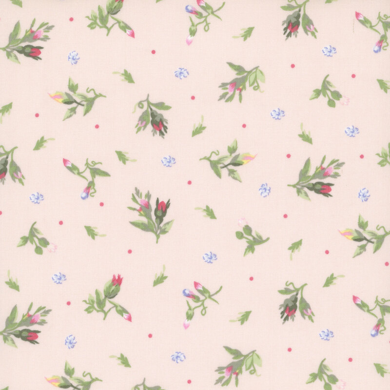 floral sprigs, blue and white blooms, and pink polka dots scattered on a pale pink background.