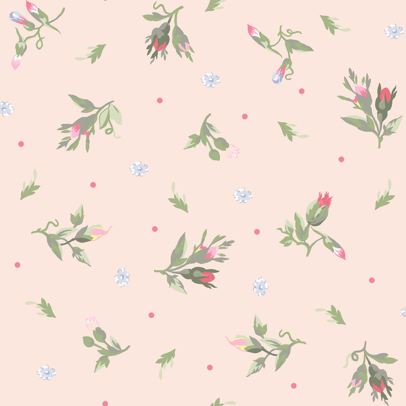 floral sprigs, blue and white blooms, and pink polka dots scattered on a pale pink background.
