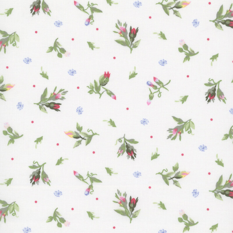 floral sprigs, blue and white blooms, and pink polka dots scattered on a white background.