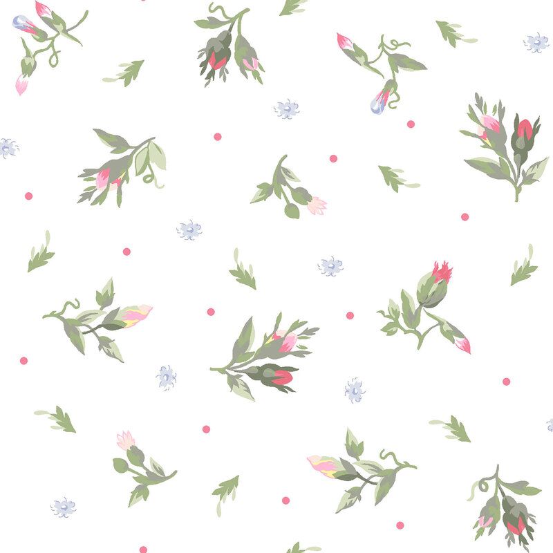 floral sprigs, blue and white blooms, and pink polka dots scattered on a white background.