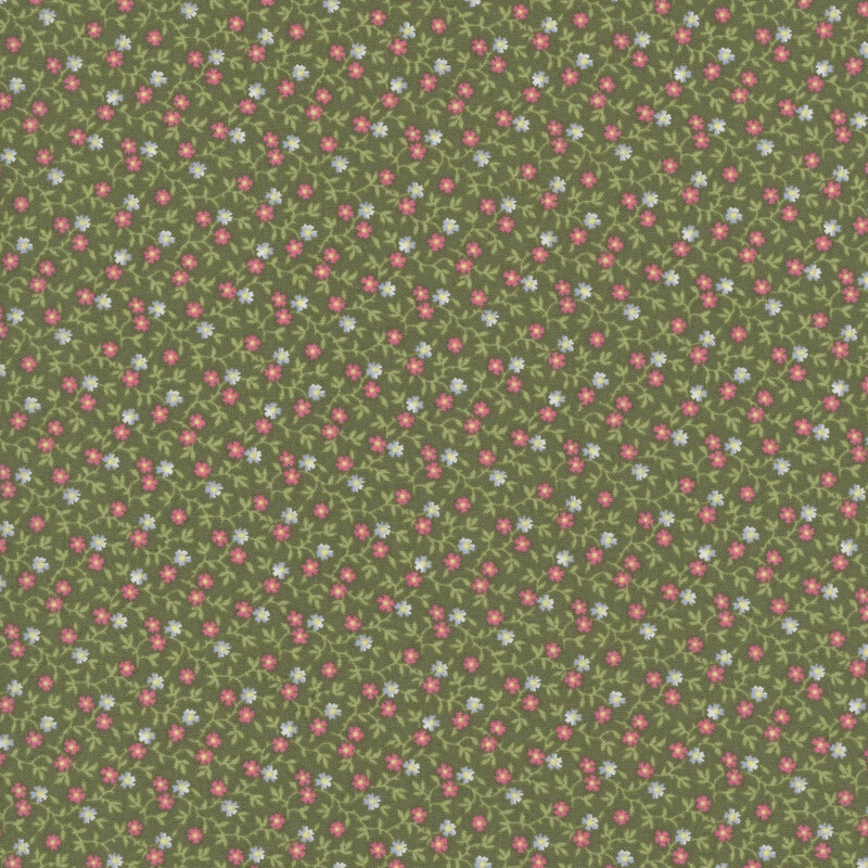 dark sage fabric with a pattern of leafy green vines accented with pink and blue blossoms 
