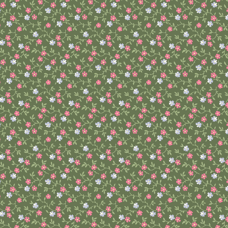 dark sage fabric with a pattern of leafy green vines accented with pink and blue blossoms 
