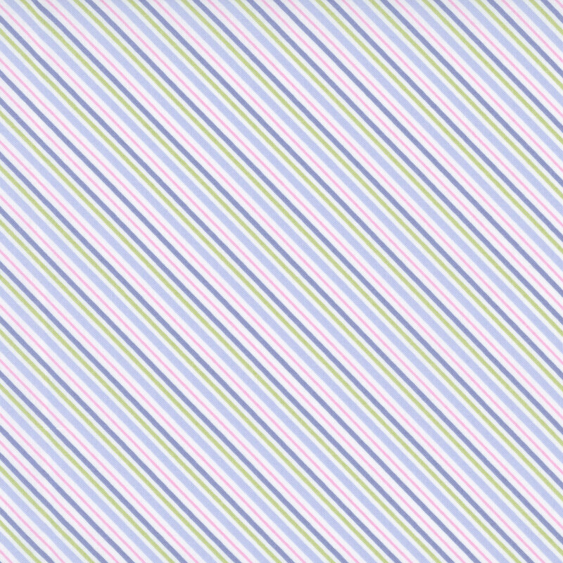 diagonal candy stripe pattern in shades of periwinkle, green, and light pink on a white background.