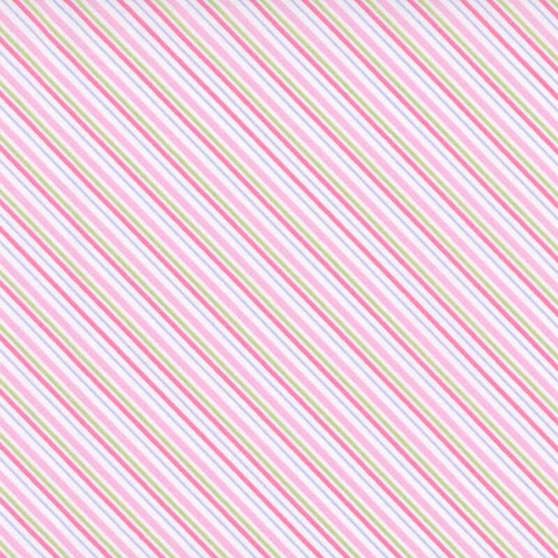 diagonal candy stripe pattern in shades of pink, green, and pale blue on a white background.