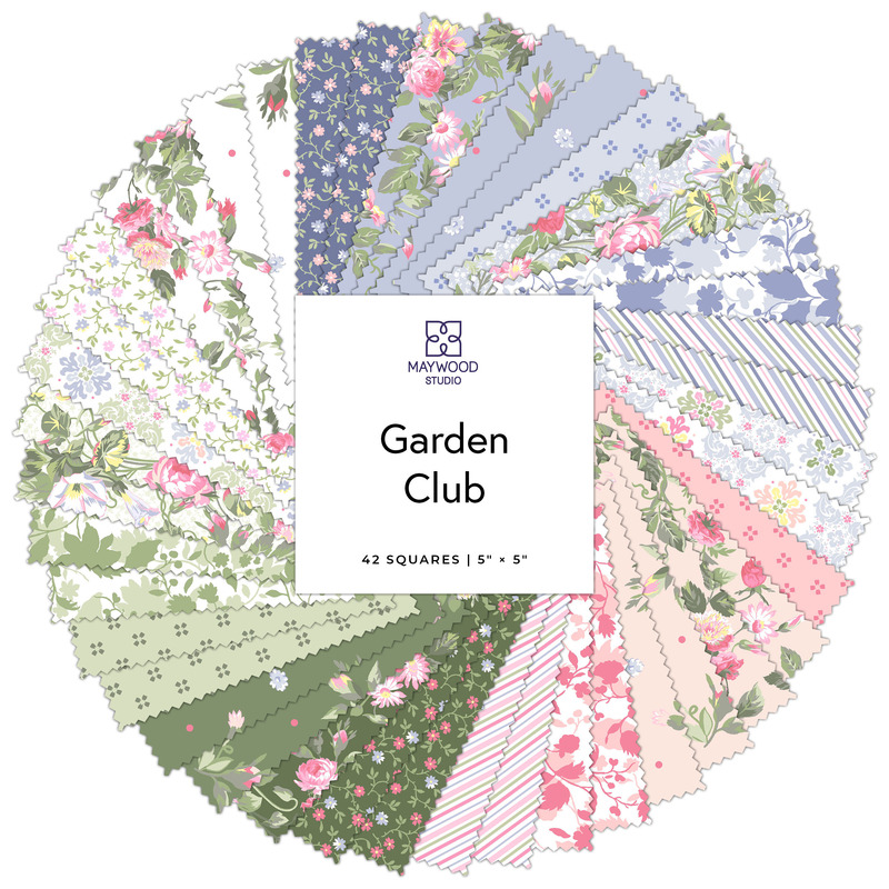 A circular collage of floral fabrics from the Garden Club collection in shades of white, green, pink, and blue.